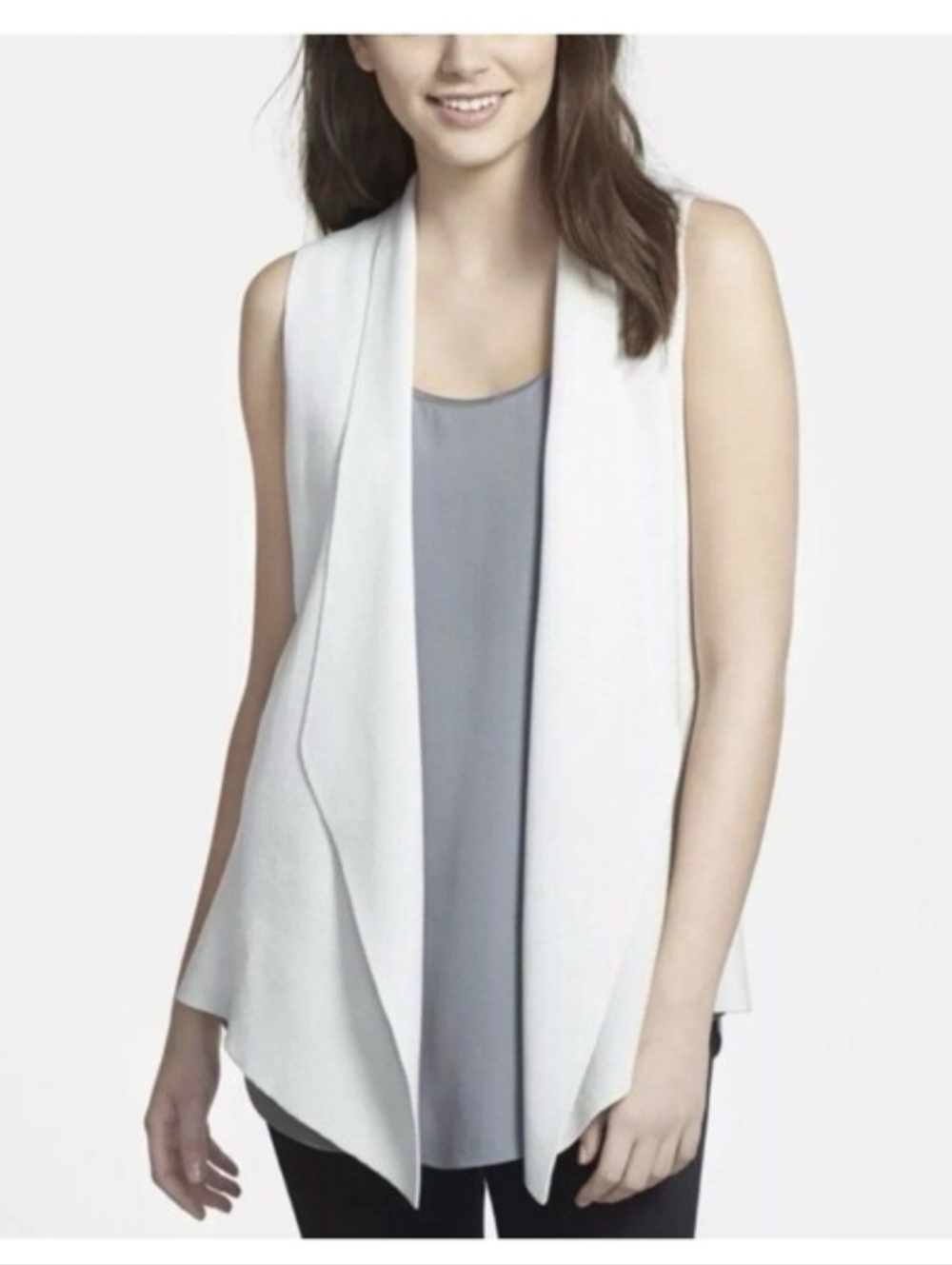 Eileen Fisher Vest Cardigan Knit Open Front Cream Silk Cotton Layering